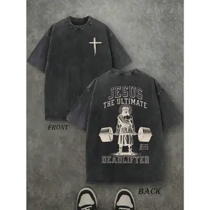 Men's Oversized T-Shirt, Vintage Washed 100% Cotton Funny Jesus Deadlift Graphic Print Short Sleeve Streetwear Gym Top, Chic