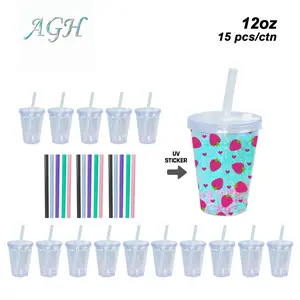 AGH Exclusive 12OZ Plastic Leak-proof Snow Globe Double Wall Plastic Tumbler Cup with Lids & Bubble Tea Straws for Christmas Custom DIY 15pcs/Carton