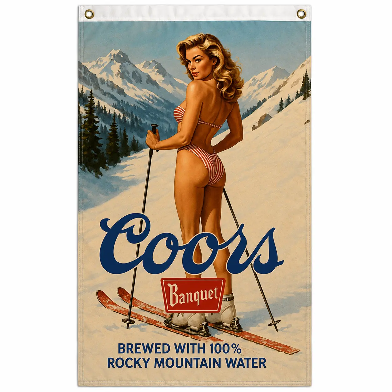 The Banquet Vintage Ski Girl Flag 3x5 Ft, Rocky Mountain Beer Pin Up Wall Banner, Retro Winter Cabin Lodge Bar Garage Man Cave Decor, Après Ski Party Backdrop, Gift for Men, Beer Lovers, Skiers, Collectors and Vintage Americana Fans