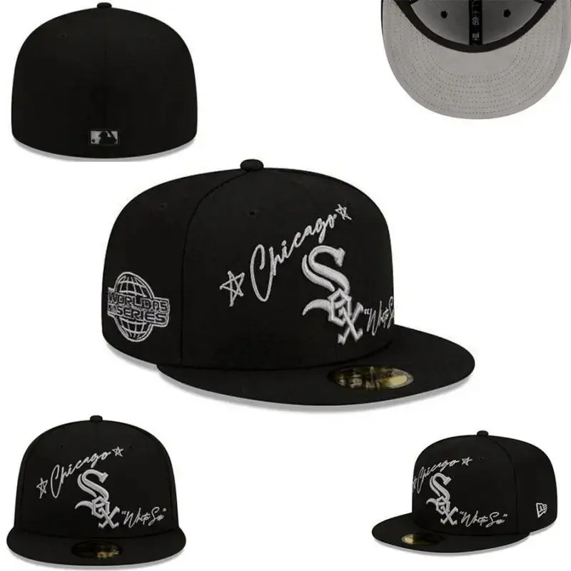 Chicago White Sox 59FIFTY Fitted Hat – Black Embroidered Script Logo Baseball Cap with World Series Side Patch