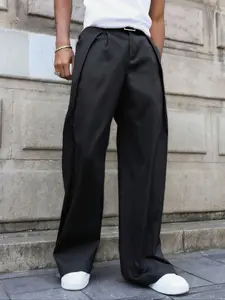 Men's Fashion Wide Leg Pants, Wrinkled Design, Buttoned, All-Season Casual Wear, Regular Length, Suitable for Daily Use, Casual Street Comfy