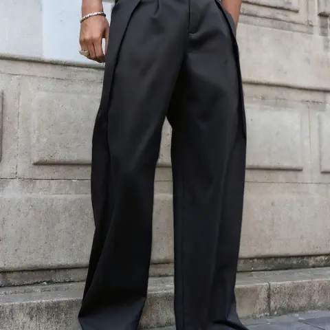 Men's Fashion Wide Leg Pants, Casual Trousers, Casual Fitted Pants, Casual Street Pants, Stylish Wrinkled Buttoned Regular Length Pants for All-Season, Suitable for Daily Use