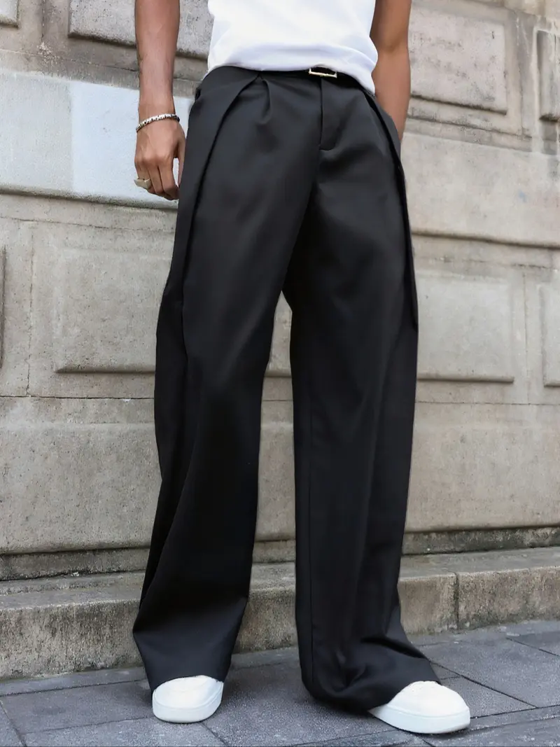 Men's Fashion Wide Leg Pants, Wrinkled Design, Buttoned, All-Season Casual Wear, Regular Length, Suitable for Daily Use, Casual Street Comfy
