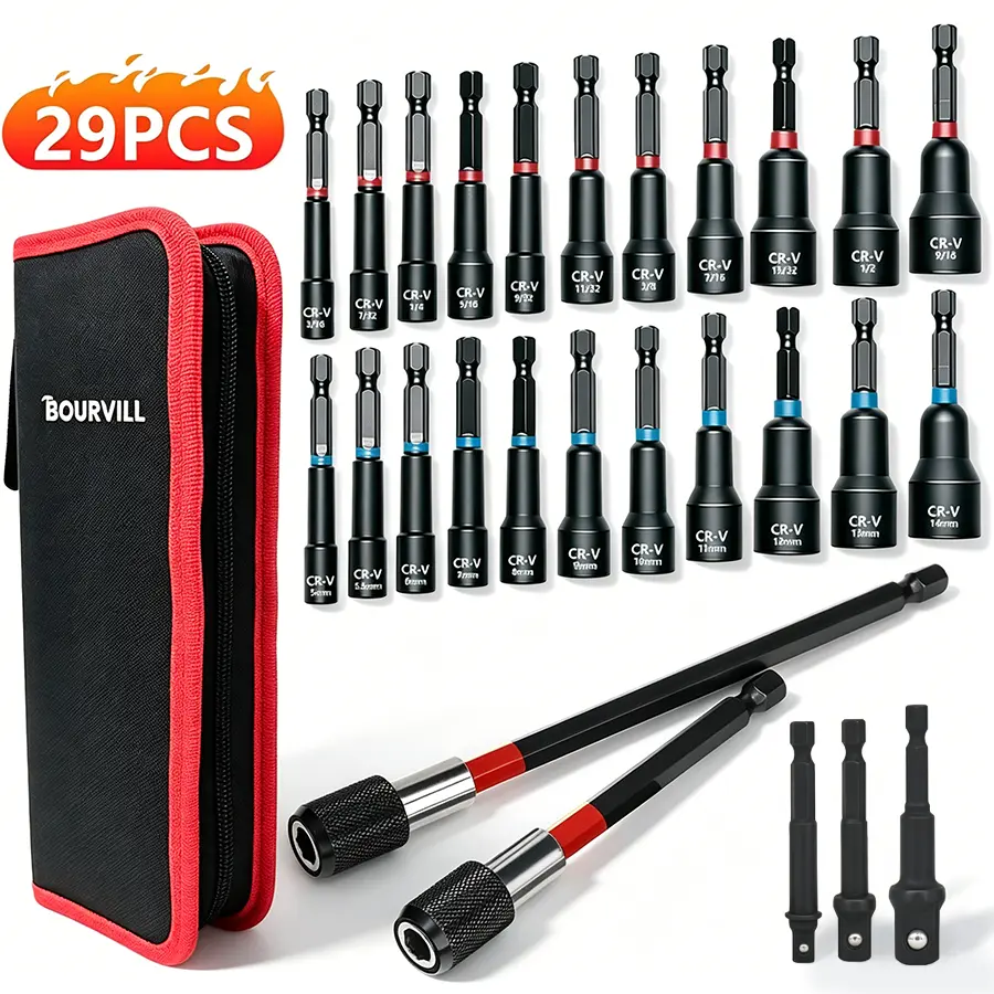 29PCS Magnetic Nut Driver Set, Impact Drill Driver Bit 1/4" Hex Shank, SAE & Metric Cr-V Steel Power Nut Drivers with Quick-release Extensions, Impact Socket Adapters, Bit Holder and Storage Bag