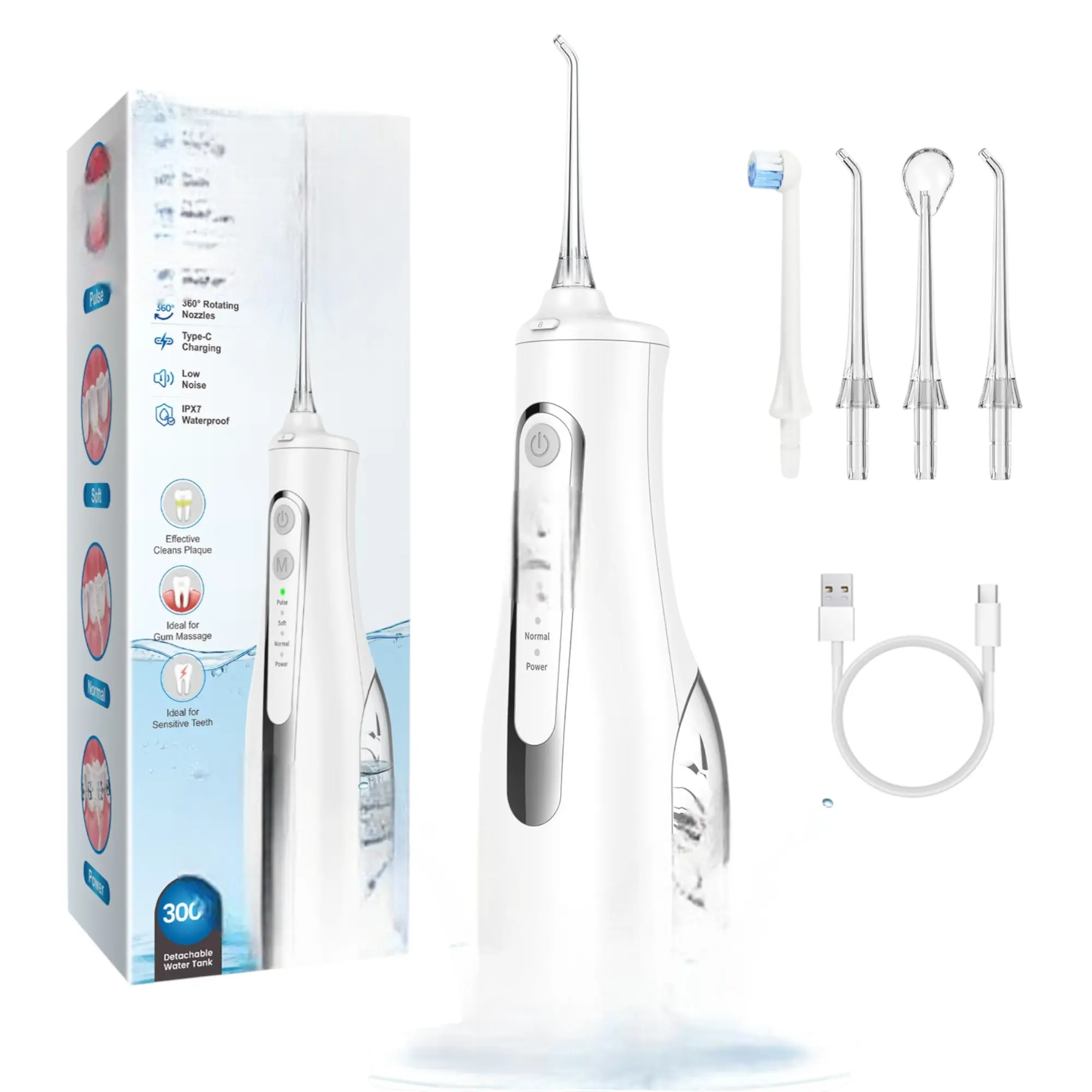 Cordless Water Flosser Portable Oral Irrigator for Teeth Cleaning, USB Rechargeable Dental Cleaner, Waterproof, 4 Jet Tip