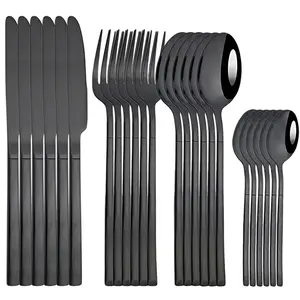 Black Stainless Steel Cutlery Set (24pcs/set), Including Knives, Forks & Spoons, Tableware Set for Home Kitchen Dining Room, Dinnerware Sets, Utensils