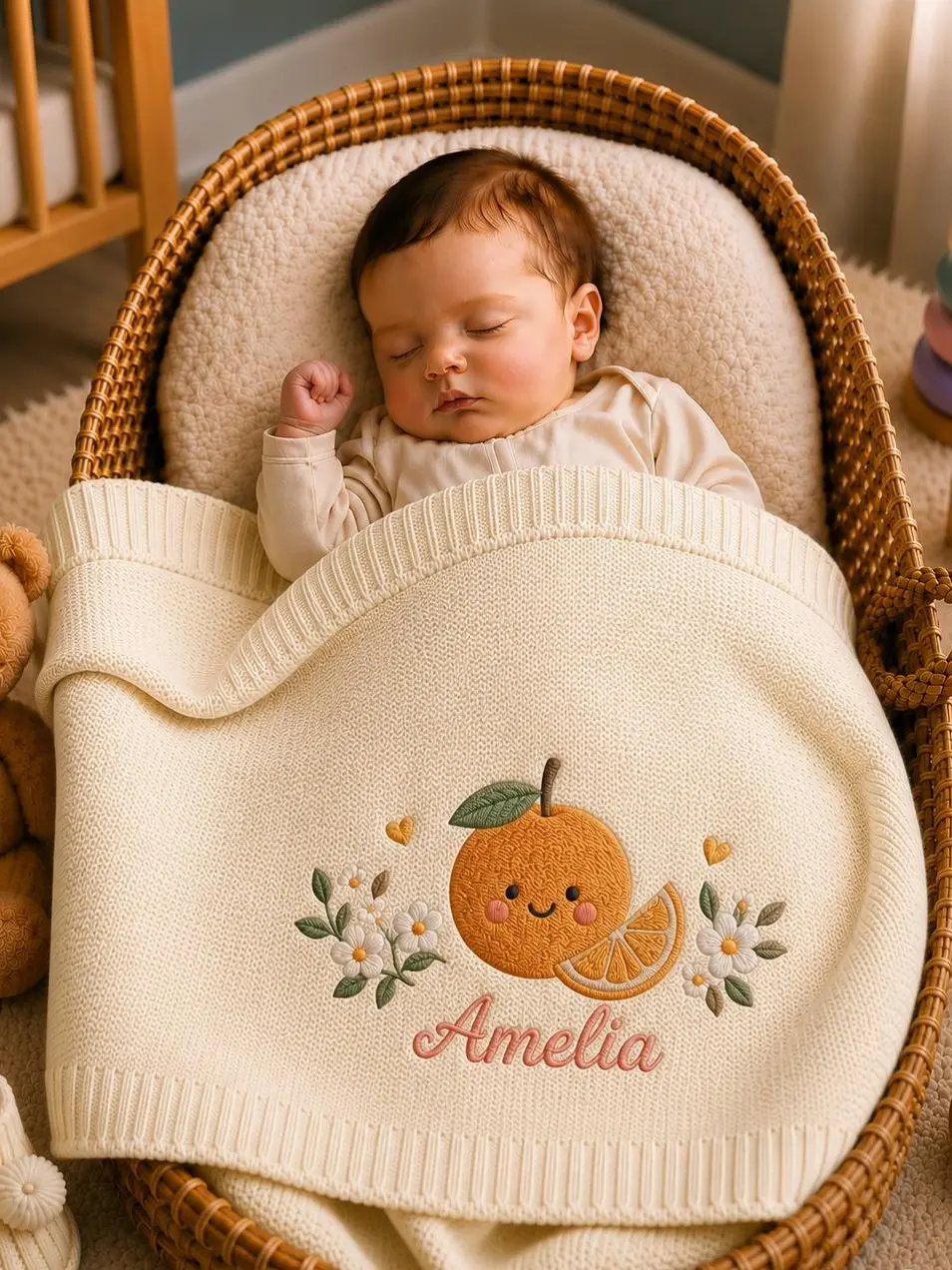 [Made-to-Order] Personalized Orange Embroidered Name Blanket, Custom Citrus Fruit Knit Blanket, Orange Blossom Botanical Blanket, Fresh Nursery Decor, Newborn Gift
