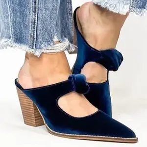 Corky's Knot Gonna Happen Navy/Teal Velvet Mules with Chunky Heel and Bow Detail for Women's Fashion