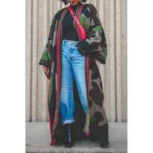 Autumn Winter Women's Large Shawl Scarf – Army Green Camouflage with Red Stripes, Thickened Warm Fabric, Versatile Style for Daily Wear, Commute & Outdoor Activities........