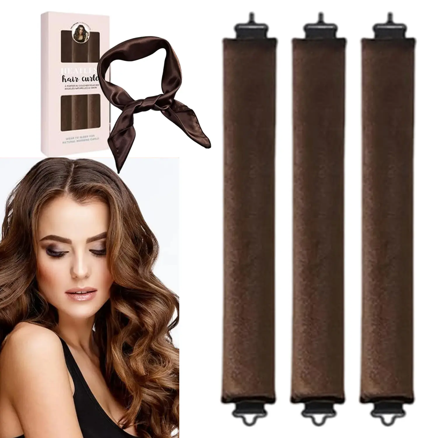 3 Pack Heatless Curling Rods, Velvet Overnight Hair Curlers with Fixed Hooks and Silk Scarf, No Heat Damage Fluffy Curling Rods, Soft Sleep-in Hair Styling Tools for Medium and Long Hair