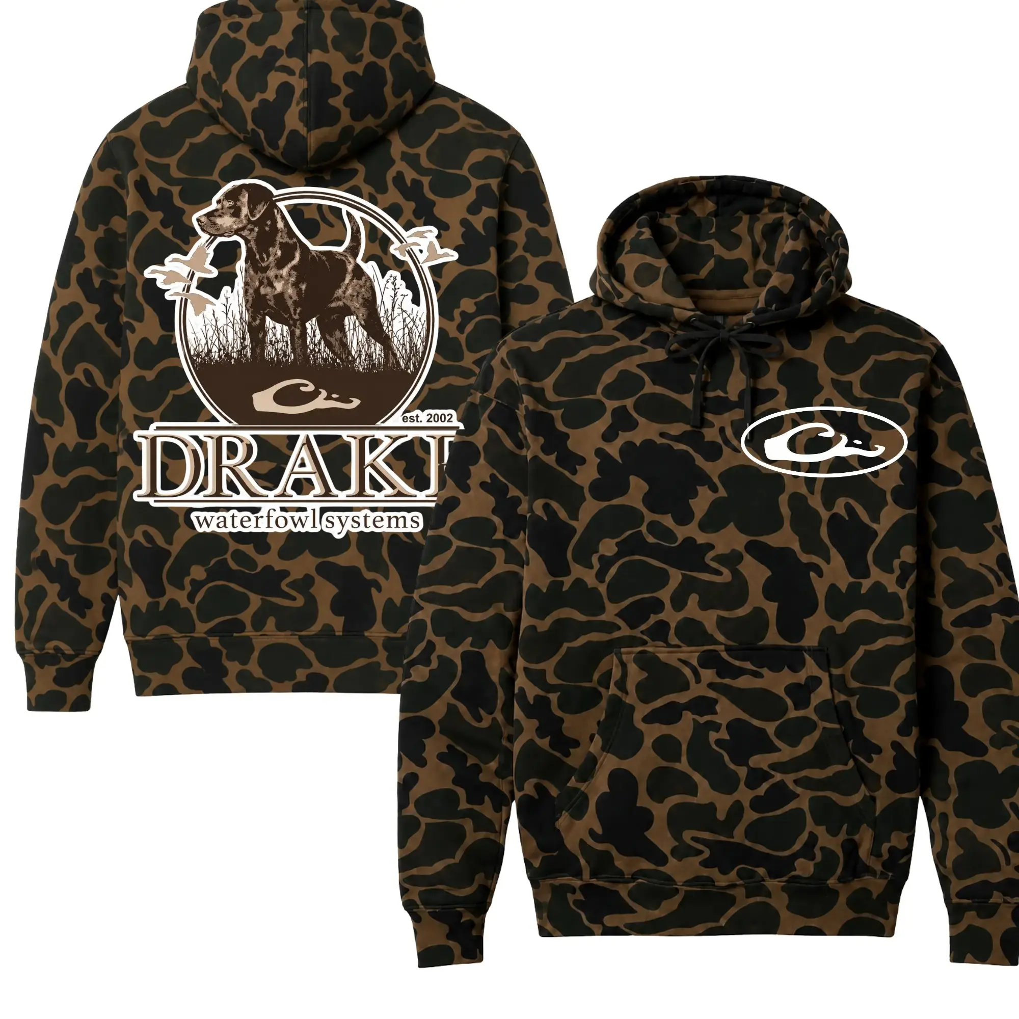 Vintage Retriever Dog Duck Hunting Camo Hoodie for Men, Drake Waterfowl Systems Hunting Graphic Pullover Hoodie, Trendy 3D Hoodie, Streetwear Casual Hoodie, Full Size S-5XL