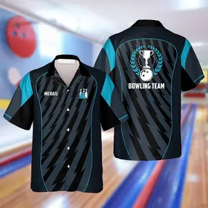 Personalized Blue Sports Style Trophy Emblem Custom Bowling Hawaiian Shirt, Uniform Team Bowling Shirt, Bowling Aloha Shirt For Men & Women