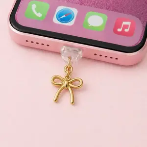 Dust Plug Charm for Devices Kindle iPhone USB C Cute Gold Bow Ribbon Design Practical Accessory for Smartphone Cellphone