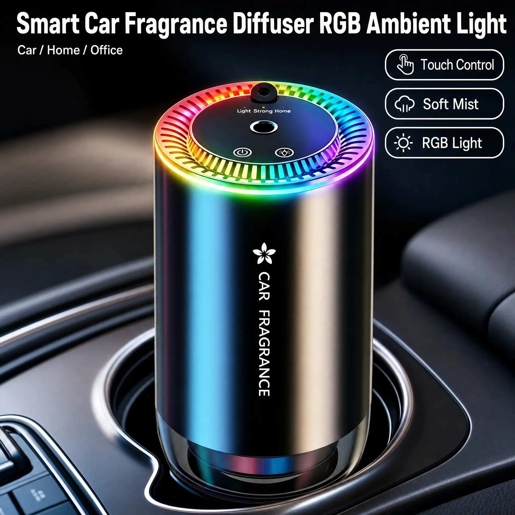 Smart Car Fragrance Diffuser RGB Rainbow Ambient Light Touch Control Soft Mist Car Air Freshener Quiet Aroma Diffuser Metal Shell For Car Cup Holder Home Office Car Interior Accessories
