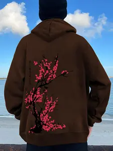 Men's Kangaroo Pocket Drawstring Hoodie, Floral Hoodies, Back Sakura Print, Casual Long Sleeve Pullover, Comfortable Streetwear, Fall & Winter