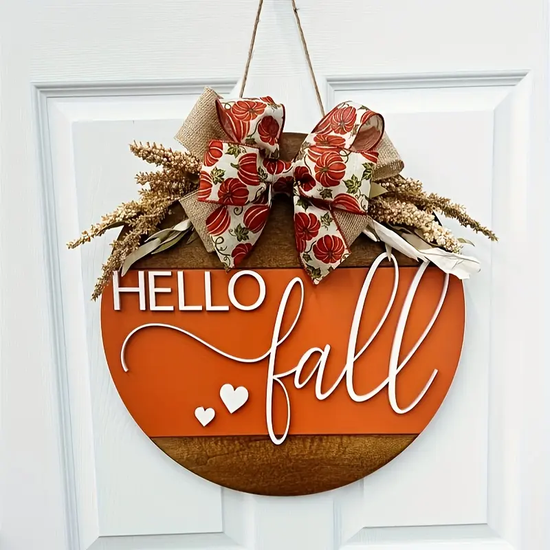 Hello Fall 3D Letter Wooden Door Sign with Wheat, Pumpkin & Bow Accents | Fall Halloween Front Door Hanger | Fall Wreath | Seasonal Front Door Decor | Housewarming Gift | Fall Welcome Sign | Autumn Floral Wreath | Farmhouse Fall Home Decor