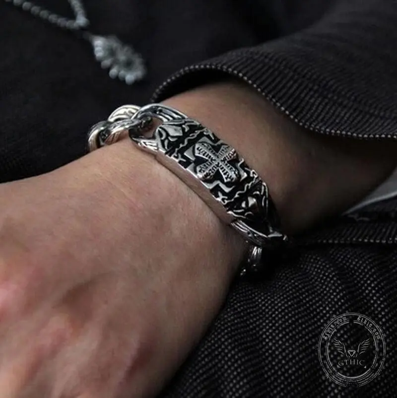 GTHIC Vintage Cross Pattern Stainless Steel Thick Chain Bracelet for Men Statement Jewelry Daily Wear Birthday Gifts