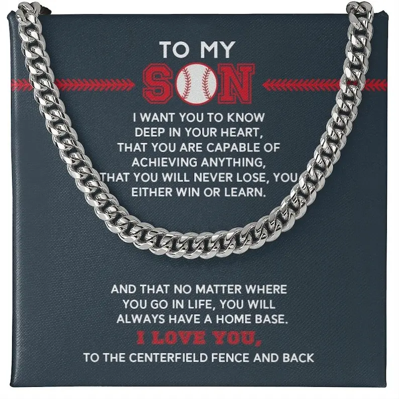 Personalized Boys Baseball Necklace To My Son From Mom, Custom Gift for Baseball Player from Dad, Inspiration Men Christmas Cuban Link Chain