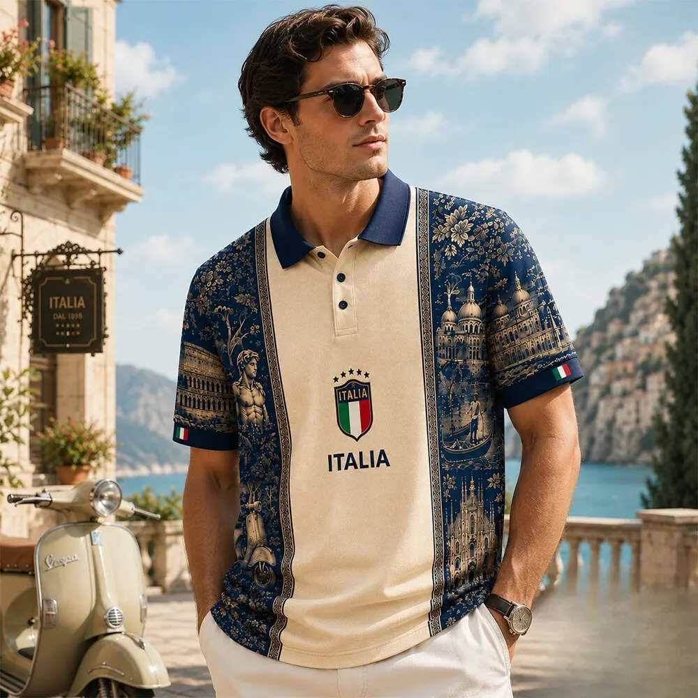 Italy National Heritage Edition Polo Shirt — Toile De Jouy All-over Print Polo Shirt American retro street hip hop Y2K men’s casual spandex short-sleeve top, baseball apparel