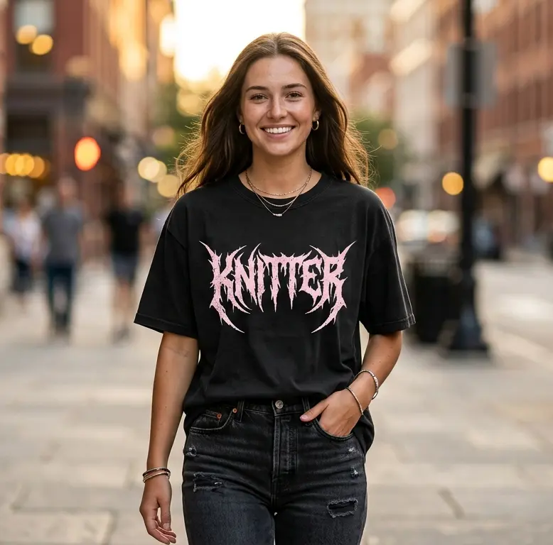 Knitter Death Metal Comfort Colors Shirt | Pink Gothic Graphic Tee | Vintage Heavy Metal Font T-Shirt | Knitting Lover Gift | Unisex Apparel