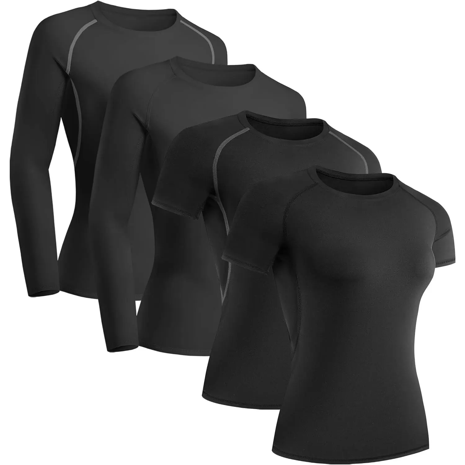 4 Pack Women's Compression Shirt Long/Short Sleeve Performance Workout Baselayer Athletic Top Gym Sports Gear