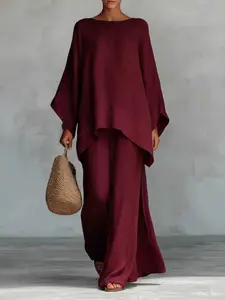 Women's Minimalist Linen Loose Matching Outfit Batwing Sleeve Asymmetrical Hem Top High Waist Wide Leg Palazzo Pants Streetwear