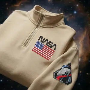 Artemis II Mission Embroidered Quarter Zip Sweatshirt, Space Enthusiast Pullover Sweater, Rocket Launch Special Gift For Space Lover