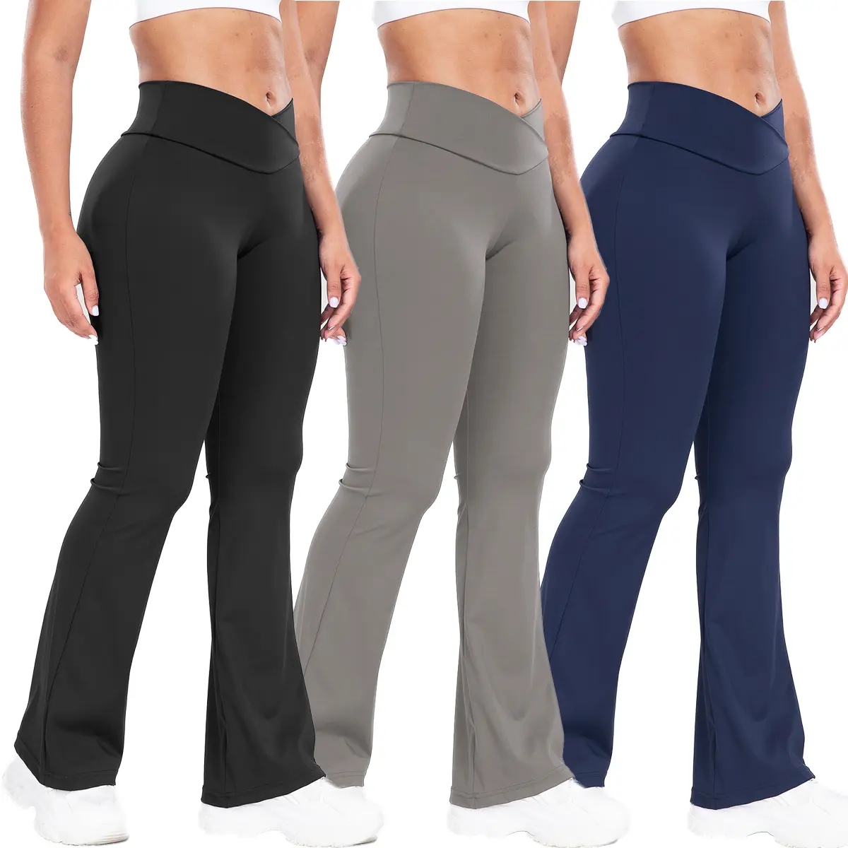 Women's High Waist Flare Leggings - Solid Color Tummy Control Stretchy No See-Through Activewear with Pockets, Female Gym Clothes, Gym Sportswear Bottoms, Flared Yoga Bottoms for Hiking, Sporty Chic