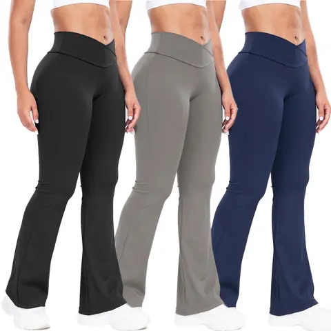Women's High Waisted Athletic Leggings - Solid Color, Tummy Control, Stretchy Lightweight Below the Ankle Flared, No See-Through Polyester Blend, Female Gym Clothes, Gym Running Wear, All Seasons Sportswear with Pockets