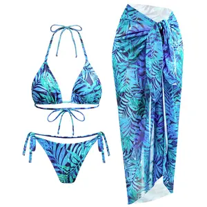 Women's Three Piece Swimsuit - Sexy Triangle Halter Bikini Sets with Sarong Cover Up String Tie Side Bathing Suits