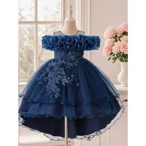 Girls' sequin decorated multi-layer chiffon party dress, elegant sleeveless round neck dress, suitable for party performances and wedding guests, children's clothing for all seasons, layered chiffon dressRAIMENTRY