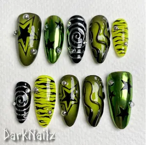 Custom Y2K Green Press On Nails, Dark Style Green Chrome Fake Nails, Darknailz Satamiis