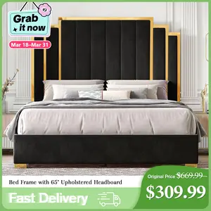 [Spring Sale] AMERLIFE Bed Frame with 65" Headboard, Upholstered Platform Bed with Golden Plating Trim, Modern Luxury Bed Frame, No Box Spring Needed/No Mattress/Queen/King//Unique Bedroom Furniture/Best Gift Ideas/Christmas Gifts