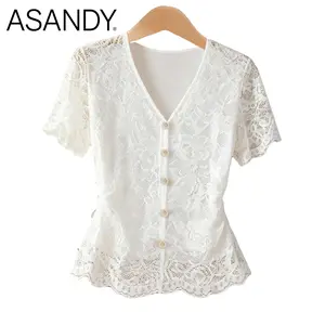 ASANDY Women's Chic Slim-Fit V-Neck Short-Sleeve Lace Top - Button-Front, Ruched Waist, Peplum Hem, Solid Color, Elegant Style, Versatile for Office, Date Night (Shirts for Ladies)