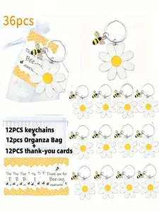 36 Piece Daisy & Bee Keychain Set, Keychain Pendant, Alloy Keychains with 12 Daisies, 12 Organza Bags, 12 Thank You Cards, Perfect Gift for Mom Friends Sisters Colleagues