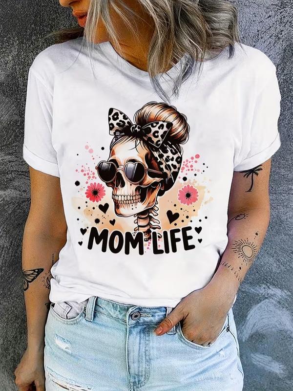 Women's Skull Portrait Letter Print Round Neck Short Sleeve T-Shirt - Streetwear for Women, Halloween Costume Top, Casual Daily Wear, Comfortable Top