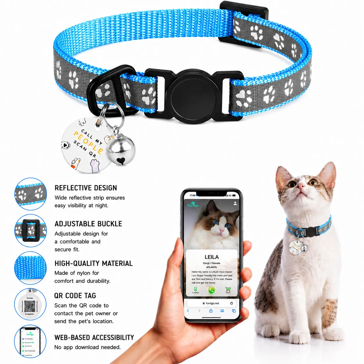 Smart QR ID Cat Collar No Monthly Fee Lost-Pet Finder | Reflective Breakaway Safety Collar with Bell - Lightweight for Kittens to Adult Cats