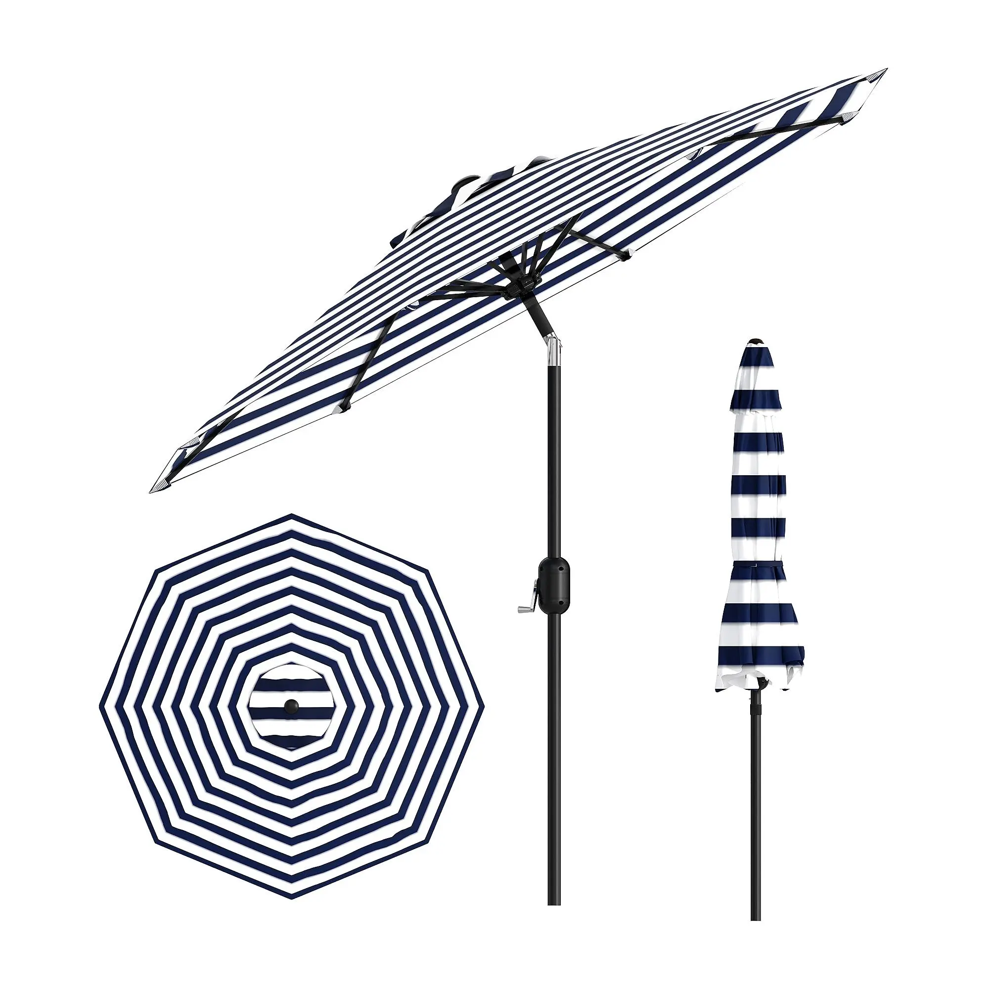 9 ft Adjustable Striped Outdoor Patio Umbrella - 8-Rib Iron Frame, Polyester Canopy, Push Button Tilt & Crank Mechanism, Waterproof & UV Resistant, Ideal for Yard, Garden