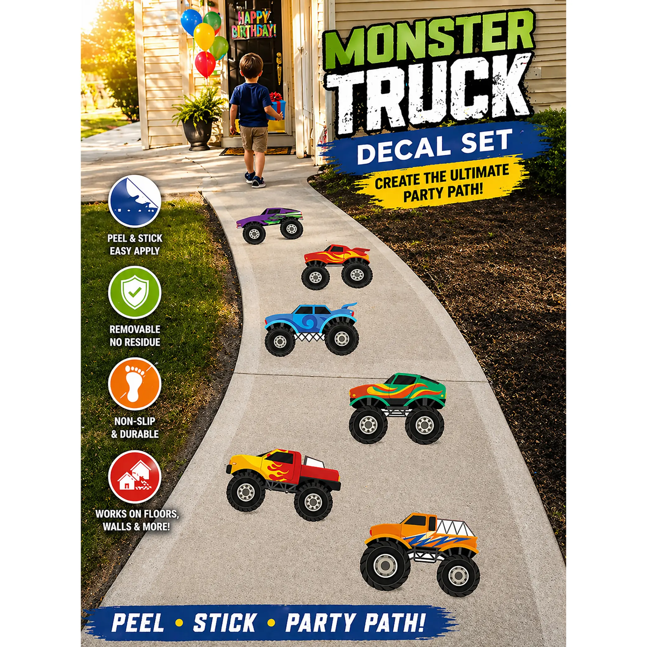 Monster Truck Floor Decal Path  | Kids Party Walkway Set (6pcs)