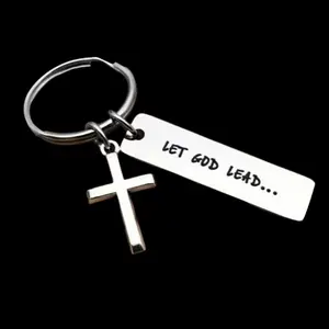 Simple metal keychain, can be engraved, stainless steel keychain, "LET GOD LEAD" cross pendant