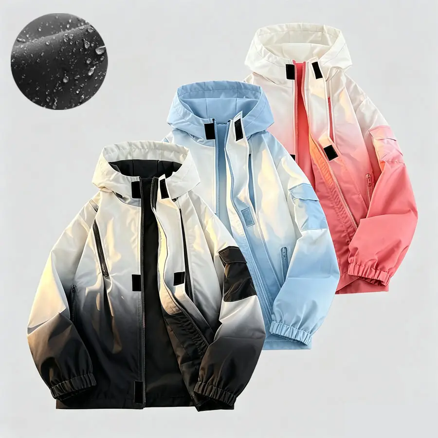Men’s Gradient Long Sleeve Hooded Outdoor Workwear Jacket - Polyester, Loose-Fit, Zippers, Multiple Pockets, Windproof Casual Streetwear Menswear Top