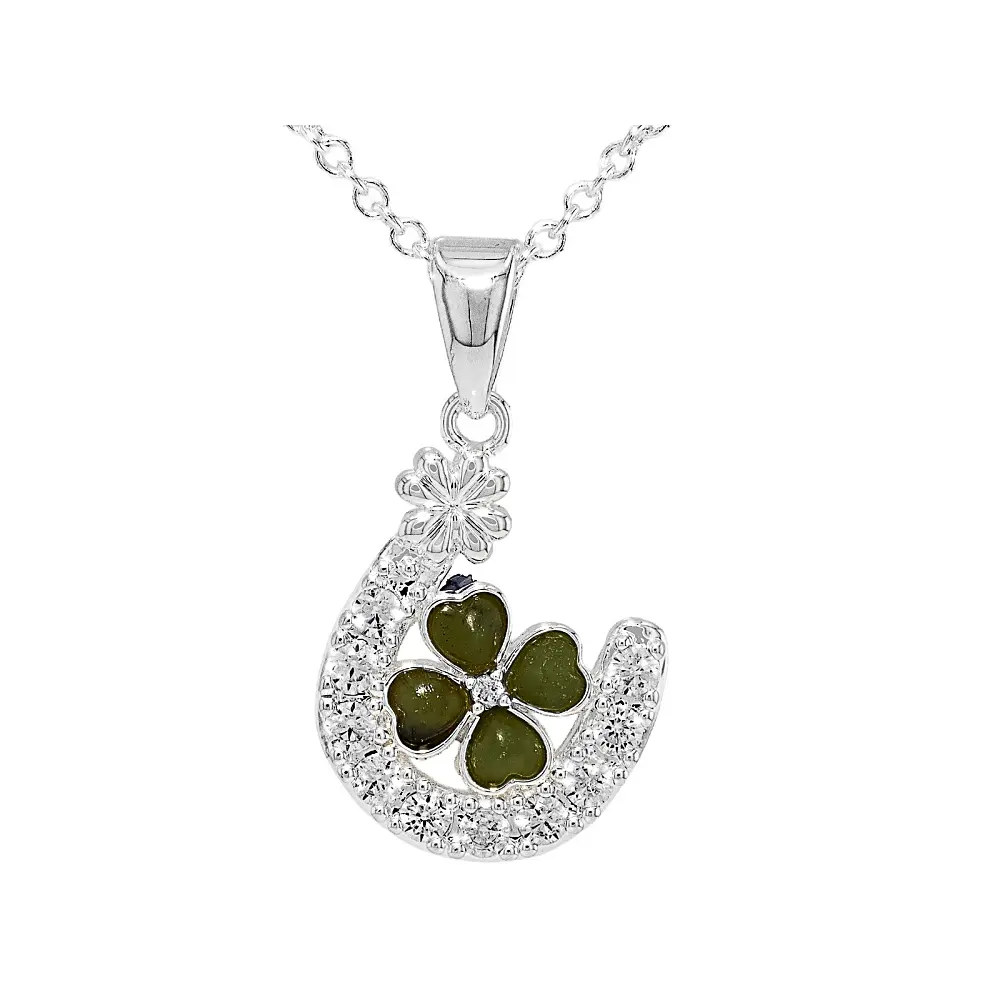 Silver-Tone Ireland Shamrock Pendant Necklace for Adults, Connemara Marble, Cubic Zirconia Horseshoe Accent, 0.63ctw, 18-Inch Chain, Marble Semiprecious Stone Necklaces & Pendants