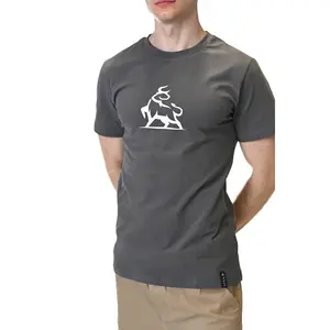 Ash Grey T-Shirt with White Bull Graphic on Front - Fitted Short Sleeve Crew Neck Casual Graphic Tee - Minimalist Summer Streetwear Menswear - Breathable Lightweight Cotton Material