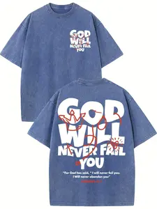 Men'S God Will Never Fail You Christian Faith T-Shirt - 230g Heavyweight Washed Retro Streetwear, Drop Shoulder Relaxed Fit Short Sleeve Round N Retro Double-Sided Water Wash T-Shirt Menswear Tshirt good graphic tees vintage t shirts cotton graphic tee