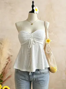 French Cut Out Drawstring Adjustable Crop Top, Summer Sexy Strapless Sleeveless Waist Cinch Slimming Fit A-Line Tank, Trendy Chic Women's Fashion Apparel, Backless Top