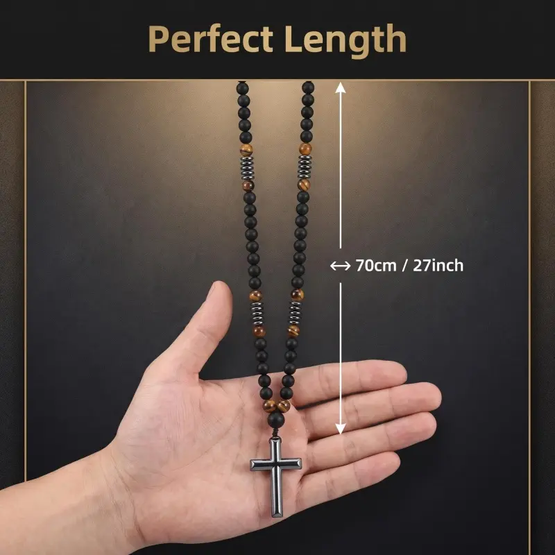 Tiger Eye Cross Men's Necklace, Obsidian Necklace, Hematite Cross Pendant, Molten Rock Rose Healing Crystal Necklace, Christian Catholic Prayer Necklace, Men's Religious Jewelry