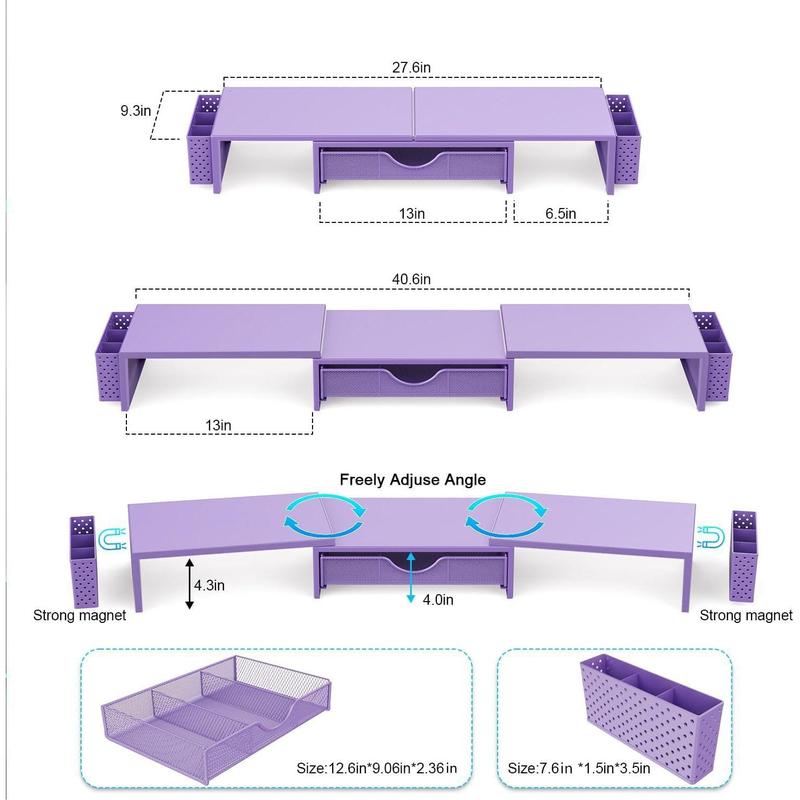Dual  Stand Riser, Desk Organizer With Drawer and 2 Pen Holders, Desk Organizers and Accessories, Purple Office Decor (Purple)