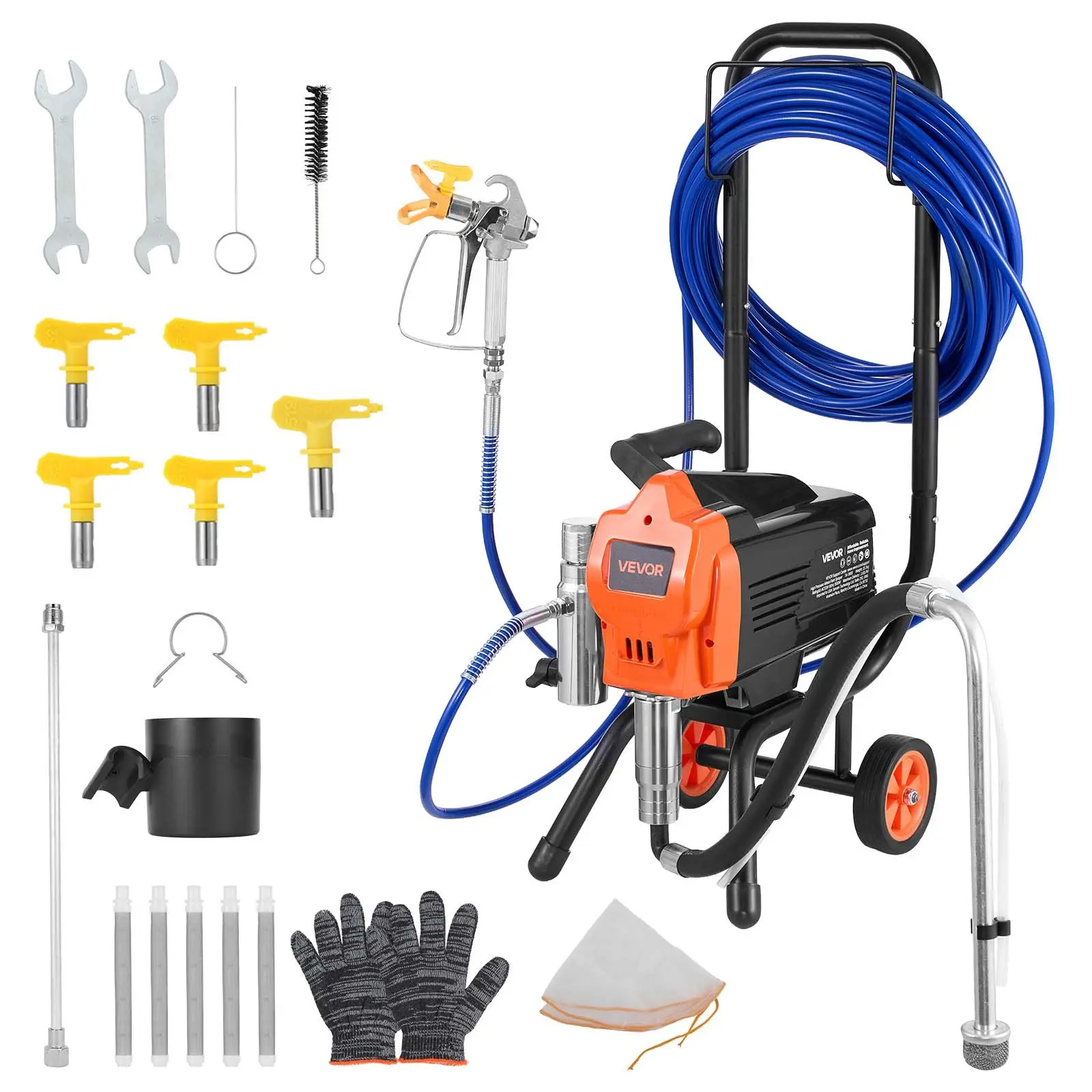 VEVOR Stand Airless Paint Sprayer, 1500W 3300PSI High-Pressure Electric Sprayer with Cart, Cleaning Brush, Hose, Extension Rod, Nozzles for Large Apartments, Buildings