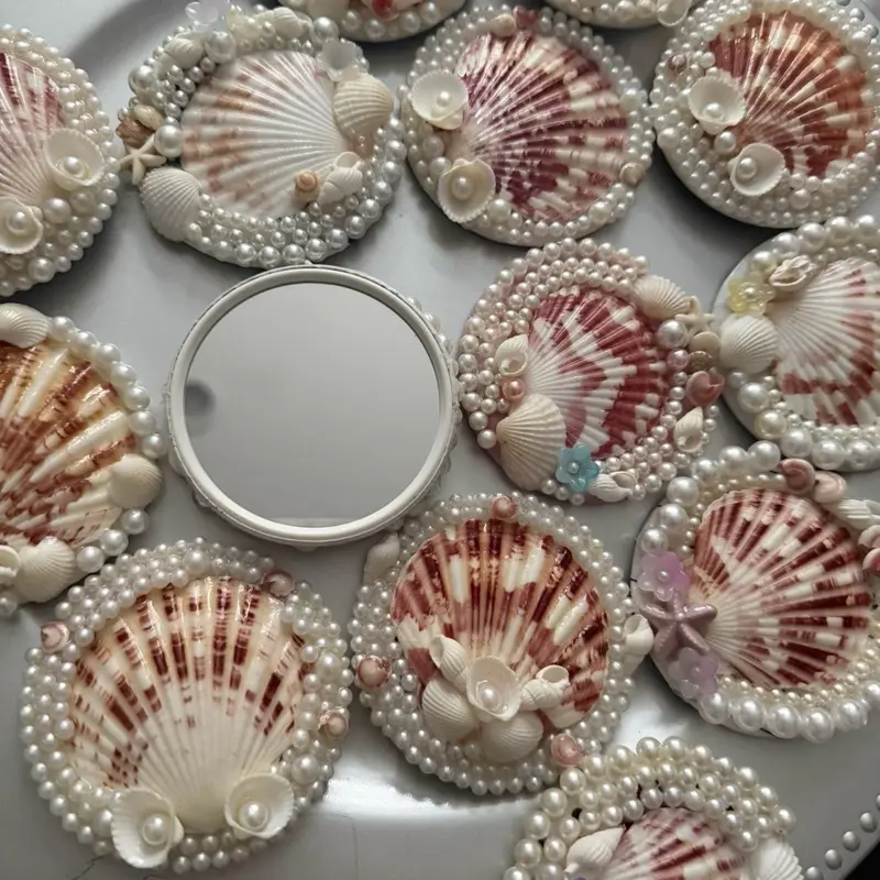 Handmade Seashell Compact Mirror – Pearl & Scallop Shell Coastal Vanity Mirror
