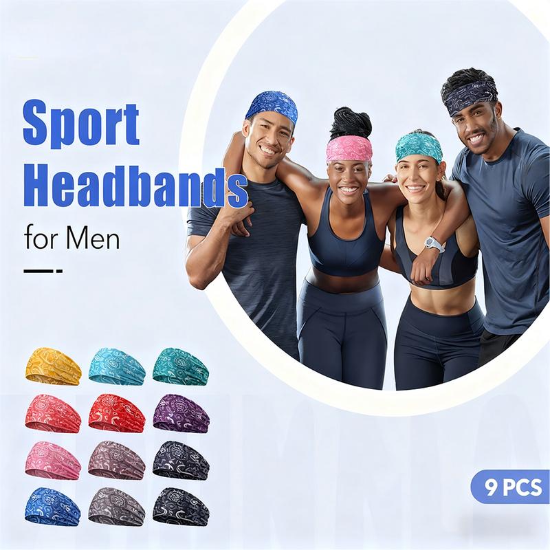 Men's Camo Wide Sweat-Absorbing Headband Bandanna Style 4.7x9.8 Inch For Basketball Football Cycling 9 Styles Polyester Spandex Comfortable One Size Fits Most 9 Pieces Pack